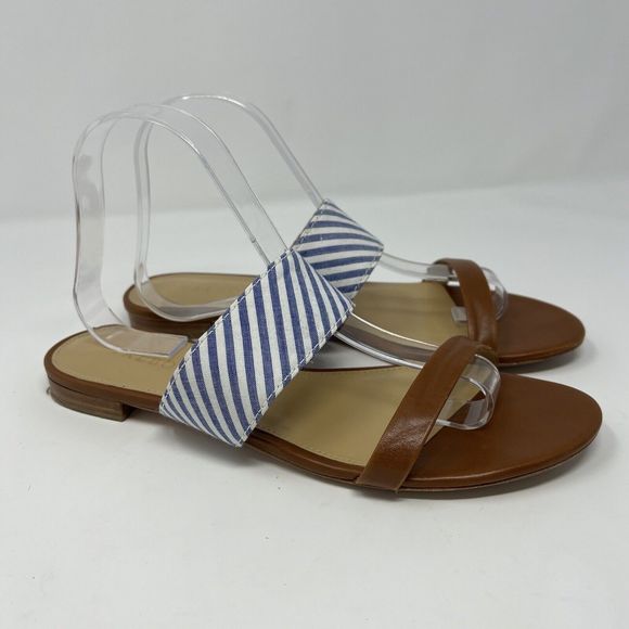 Talbots Keri Seersucker Sandals Blue Stripes with Brown Slip-on Size 9 - Picture 4 of 7